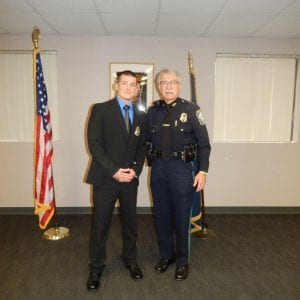 Norman Frink, 31, was sworn in on Tuesday, April 25. He recently started with 173rd Academy Class of the New Hampshire Police Standards and Training Council. He is pictured with Chief Bryfonski, right. (Courtesy Photo)